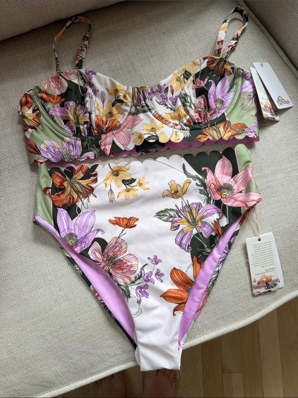 Agua Bendita Floral Bikini Lavender Olive & Yellow top in Large bottom in medium